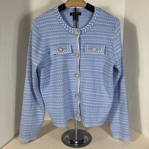 Select & Trend Blue White Textured Knit Cardigan Jacket Gold Pearl Preppy 1X